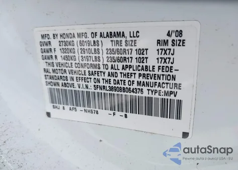 2008 Honda Odyssey Touring z USA, uszkodzony, nr VIN 5FNRL38908B064376